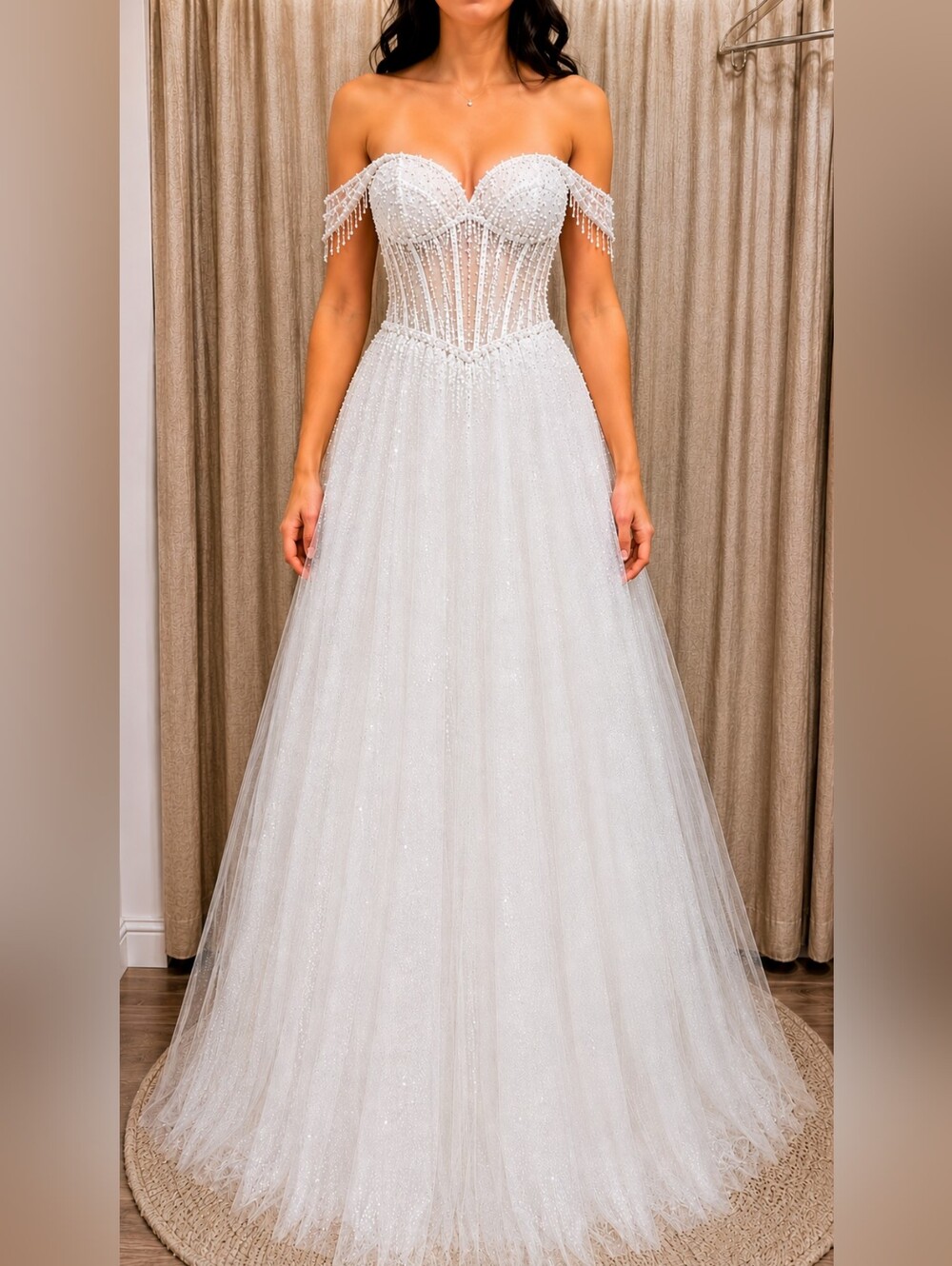White Beaded Corset Ball Gown Wedding Dress Size 16 Glitter Tulle